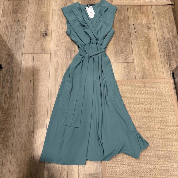 Zara Sleeveless V-Neck Midi Dress with Waist Tie in Teal NWT - Picture 3 of 7